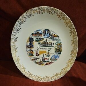 Connecticut Souvenir Decorative Plate w/ Gilded Gold Boarder Vintage